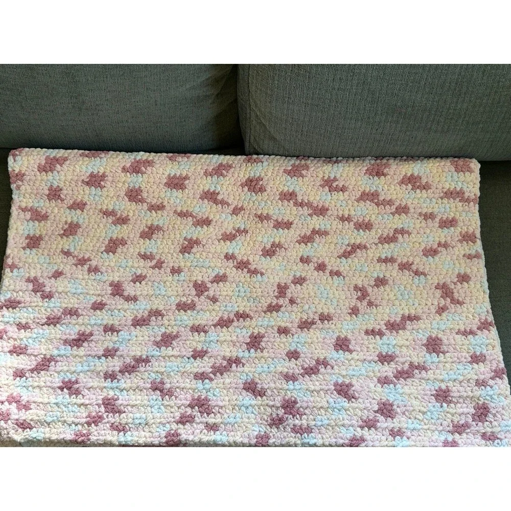 Handmade Bernat Chunky Chenille Yarn Tight Crochet Multicolor Baby Girl Blanket